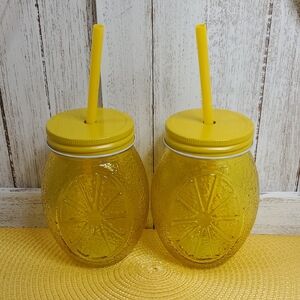NEW Yellow Lemon Mason Jar Glass Tumblers with Yellow Lids & Straws